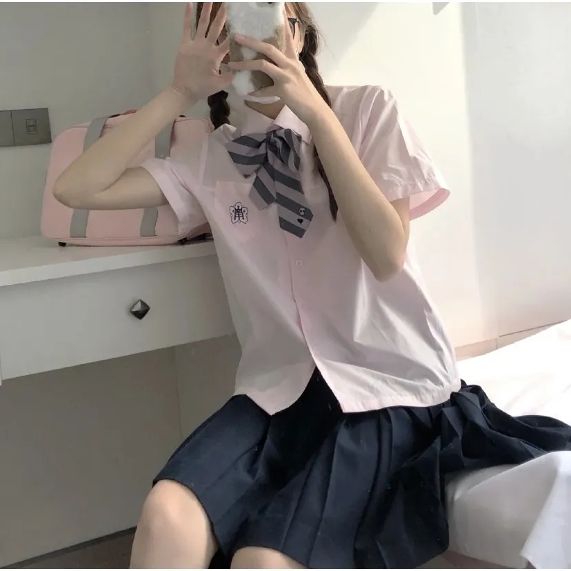 (2개) XIAOLAN의 반팔 아코디언 주름 아쿠아 셔츠 여름 JK 유니폼 일본 대학 스타일 여성용 자수 흰색 셔츠