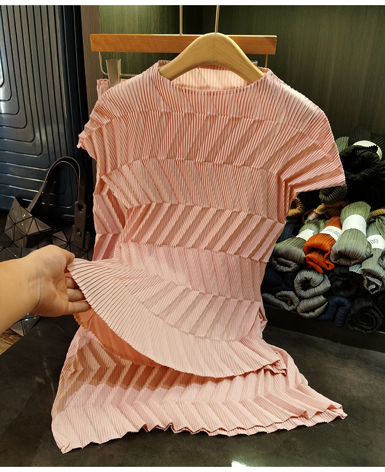 Bộ đồ hai mảnh cổ tròn xếp ly dáng rộng phong cách Hàn Quốc mùa hè — đen, màu hồng, Tím, Màu trắng nhạt chi tiết 4