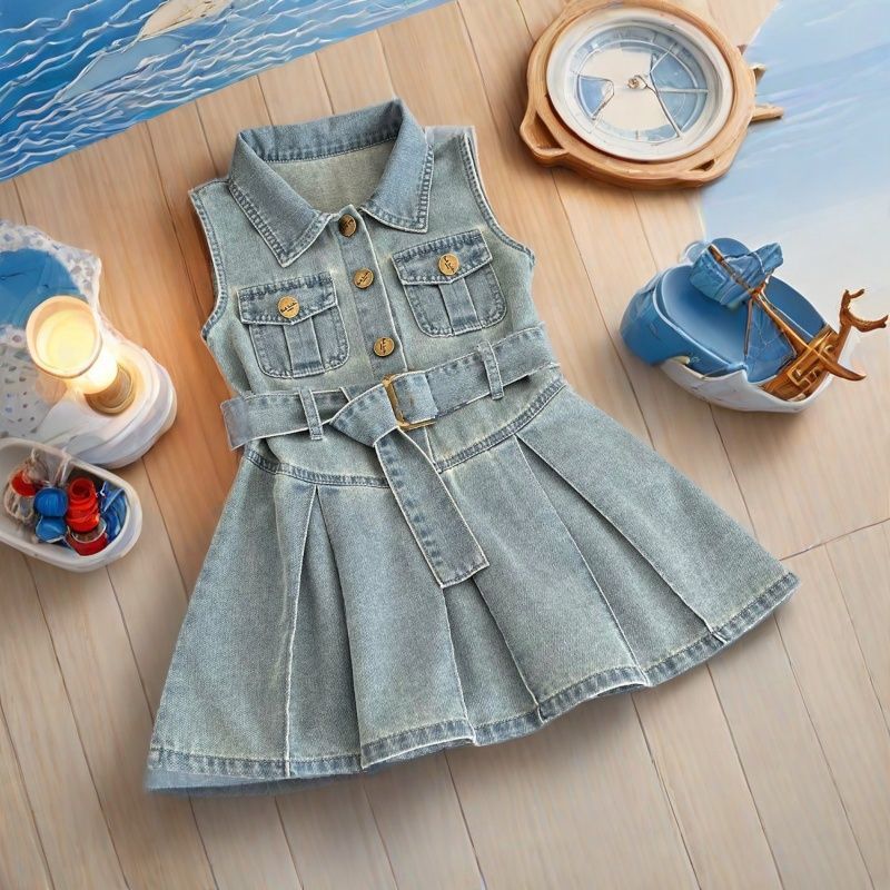 Girls' Sleeveless Denim Dress, New Summer Korean Style Children's Turn-down Collar Waist-Cinching Vest Dress for Toddlers, Includes Belt