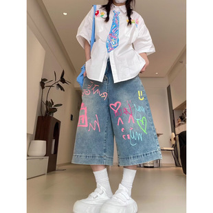 Plus Size Lazy Style Graffiti Design Wide Leg Jeans for Women 2025 Summer New Loose and Relaxed Three-Quarter Shorts
