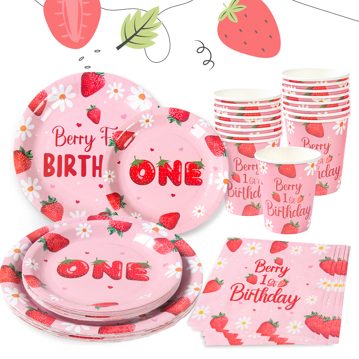 Fiesta temática de fresa chica rosa fruta cumpleaños vasos de papel desechables bandejas de papel cubiertos set decoración de mesa