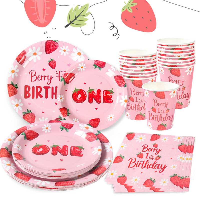 Strawberry Theme Party Girl Pink Fruit Birthday Disposable Paper Cup Paper Plate Tableware Set Table Decoration