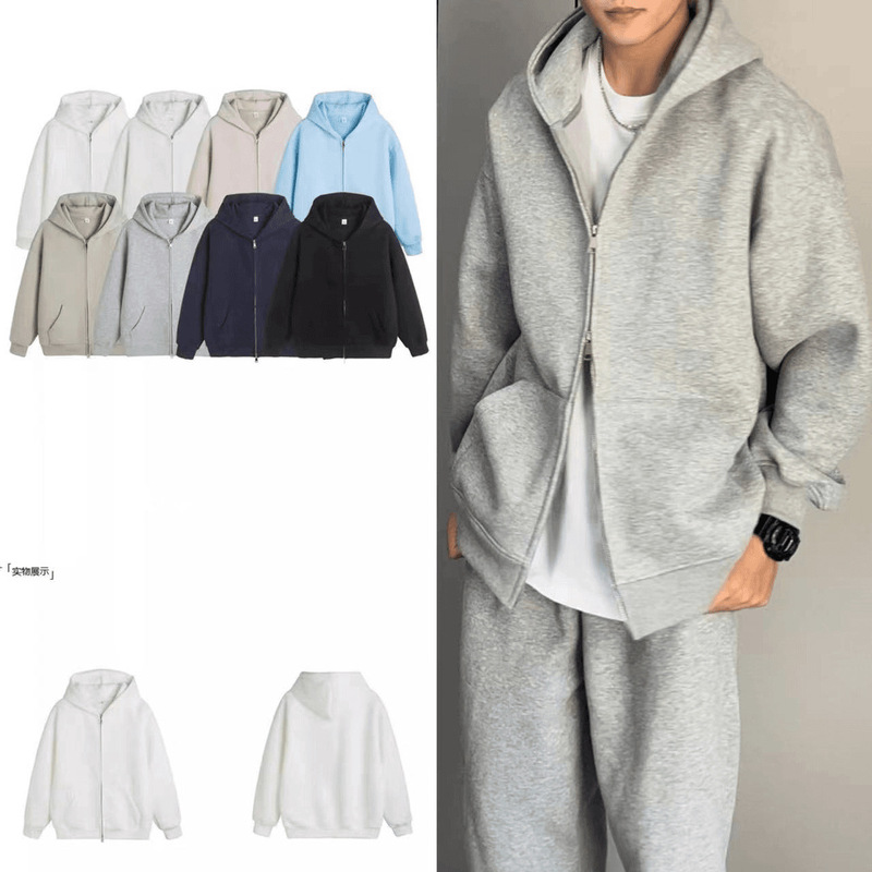 Double Zipper Heavy Sweater Jacket Trendy Men's Spring and Autumn Jacket Couple's All-match Solid Color Top American Hooded Cardigan