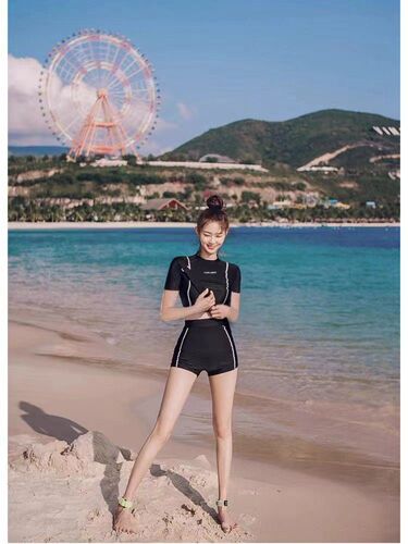 Women's One-piece Swimsuit with Straight Pants, Long Sleeve, Sun Protection, Conservative High-Waist, Slimming, Sexy Swimwear, Beachwear with Built-in Bra