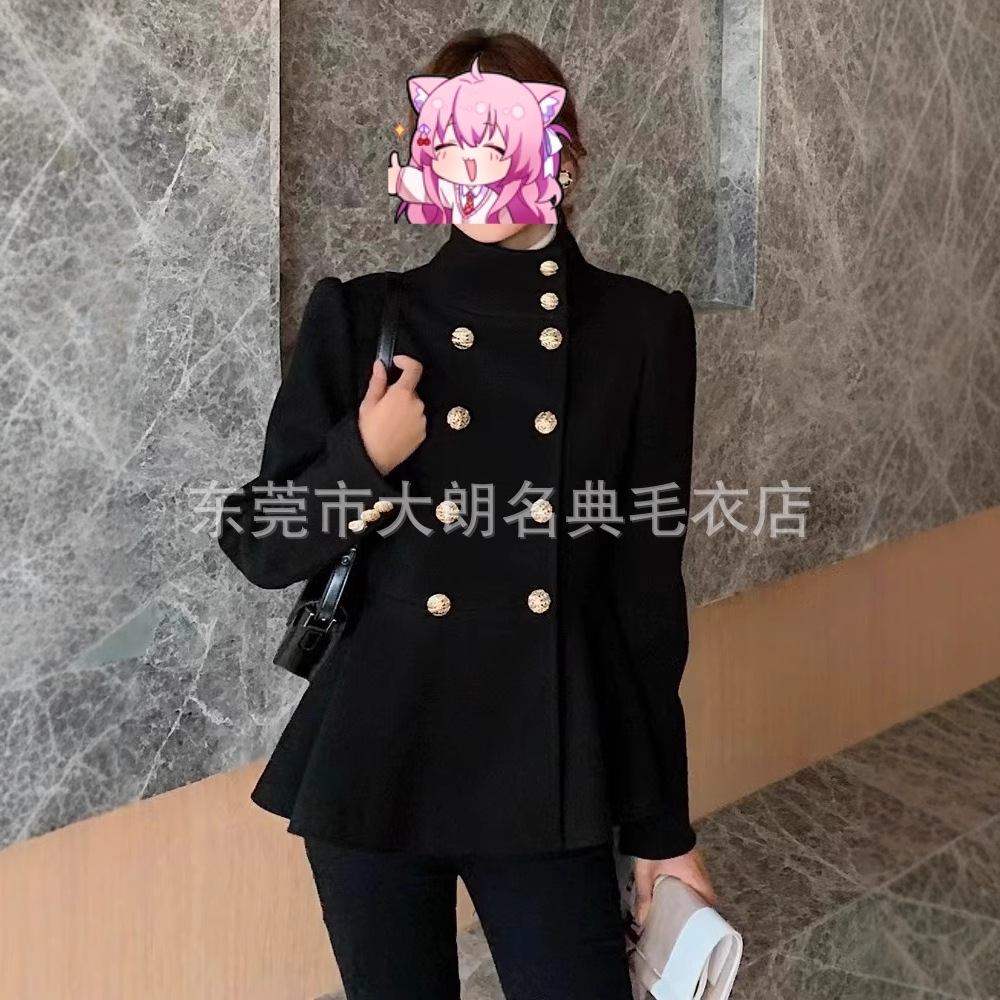 赫本风小黑裙女装毛呢裙外套 韩版复古风双排扣立领毛呢大衣中裙