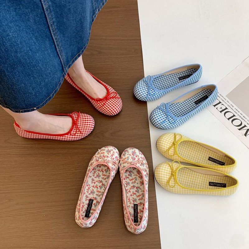 Dopamine Plaid ~ Niche Sweet Pattern Red Ballet Bow Mary Jane Flat Shoes for Women Dopamine Plaid ~ Niche Sweet Pattern Red Ballet Bow Mary Jane Flat Shoes for Women