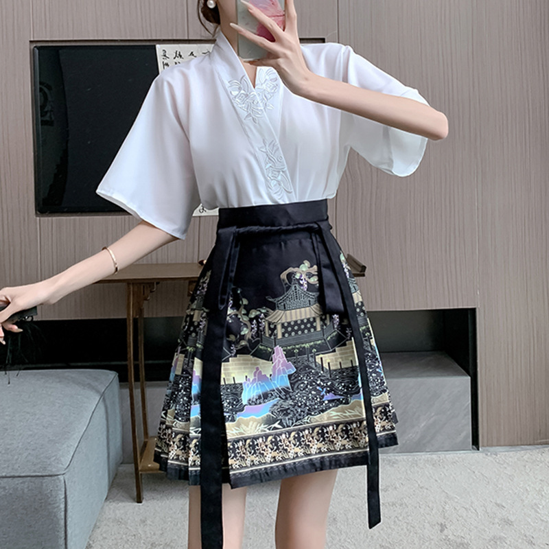 Short Horse-faced Skirt suit 2024 New Style Small Daily Summer New Chinese Style National Style Improved Hanfu for Work Wear