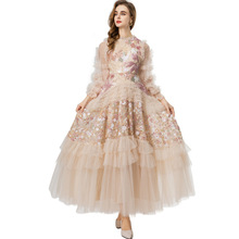 佳妮重工亮片刺绣公主风荷叶边黑色蓬蓬礼服连衣长裙欧美女冬2025