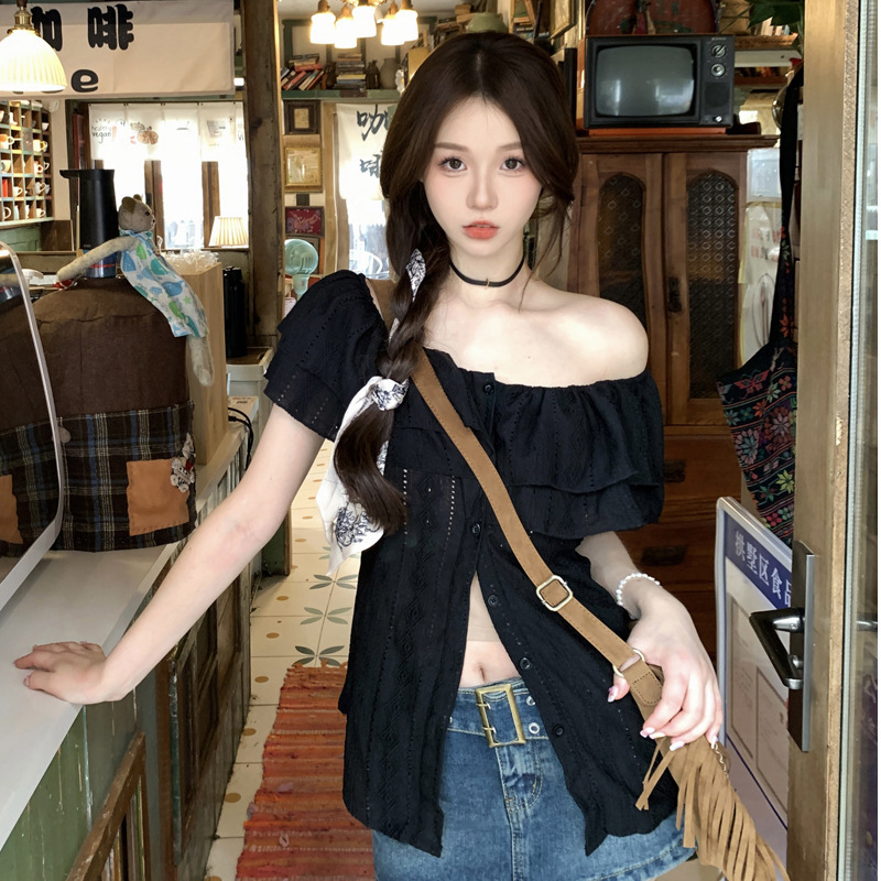 plus size Shoulder Shirt Women's Summer chubby girl Slimming Design Sense Niche Split Small Shirt Pure Desire Hot Girl Top Trendy