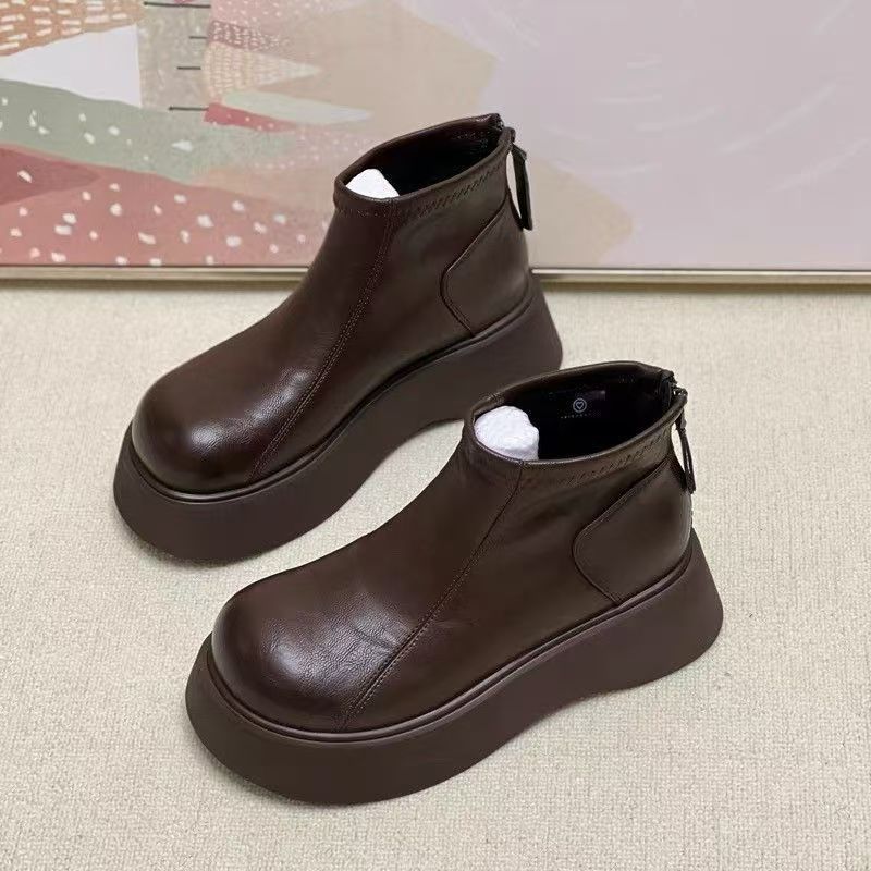 Fashion Boots Thick-Soled Women's Autumn and Winter New Casual Non-Slip Single Boots Soft-Soled Soft Leather Fleece-Lined Warm Round-Toe Boots