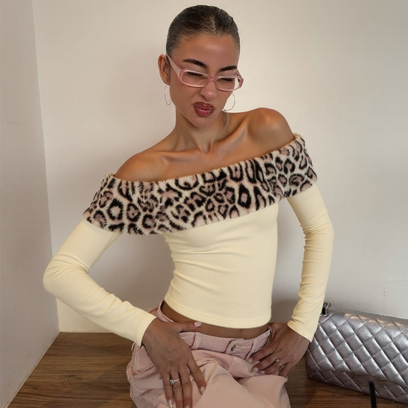 欧美跨境2025秋季新品女装性感辣妹风豹纹拼接一字肩长袖上衣T恤