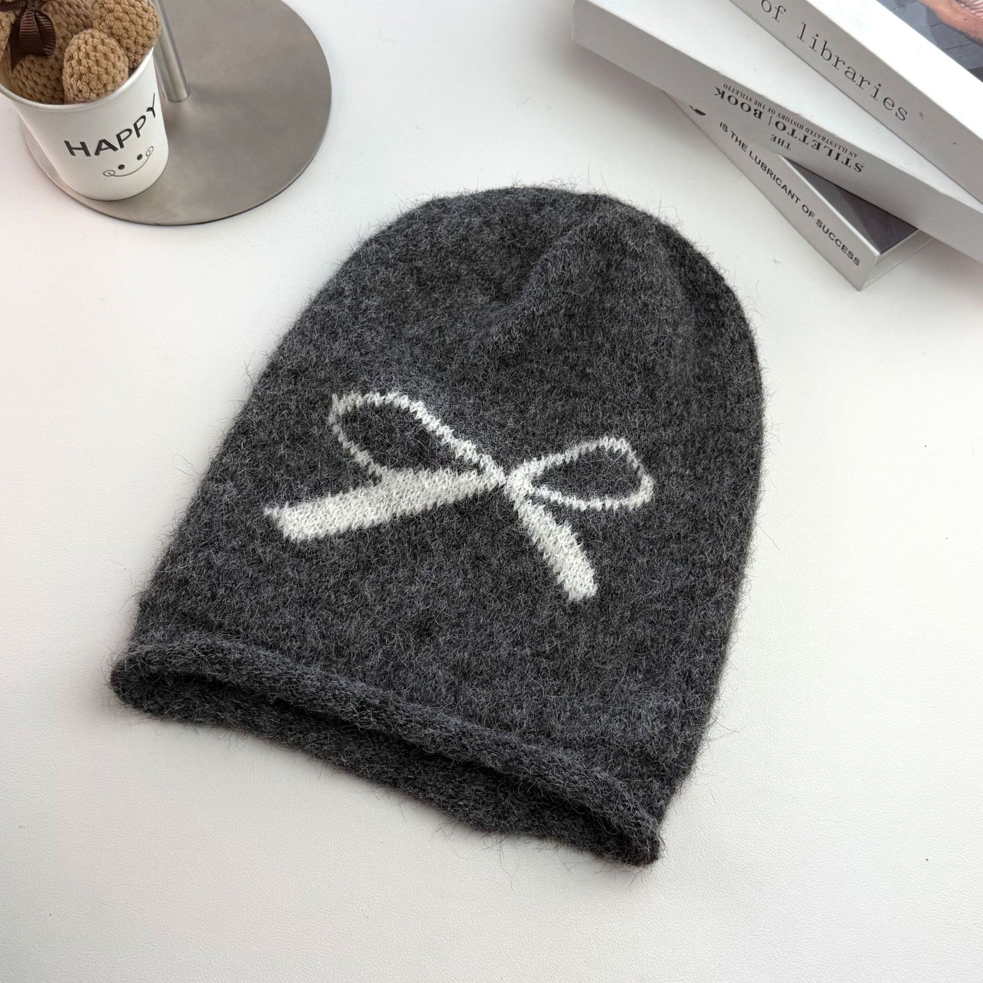 Herbst-Winter-Mütze mit Schleife im koreanischen Stil, schlicht, figurschmeichelnd, aus Wolle gestrickt, für Damen mit großem Kopfumfang, ideal für Outdoor-Aktivitäten_voghion.com