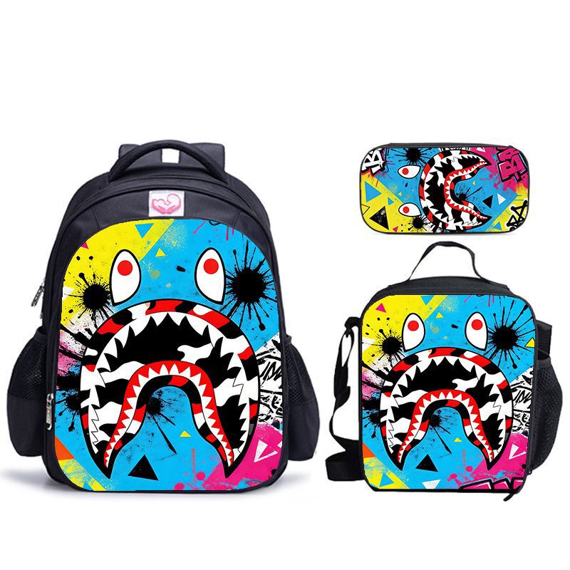 Trendy Geometric Graffiti Shark Backpack, Lunch Bag, Pencil Case Combo, Student Wear-Resistant Backpack Three-Piece Set Trendy Geometric Graffiti Shark Backpack, Lunch Bag, Pencil Case Combo, Student Wear-Resistant Backpack Three-Piece Set