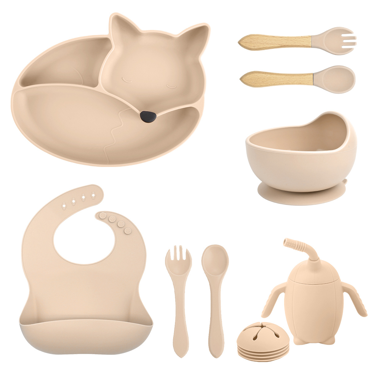 Tazón de alimentos para bebés para bebés, bebé, bebé, bebé, bebé, bebé, zorro, plato de silicona, plato, juego de vajilla para niños, madre y bebé