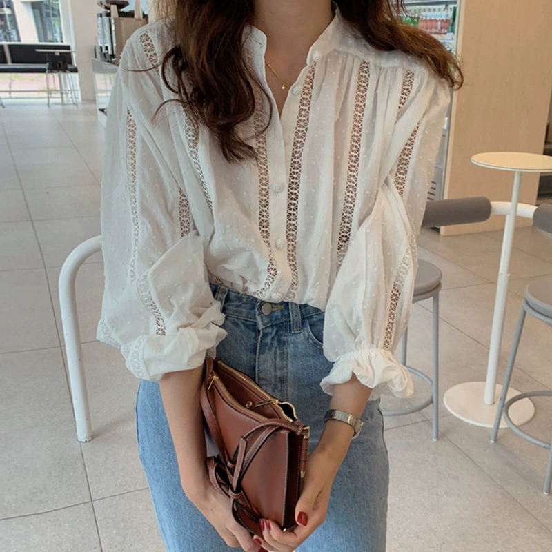 Шикарная рубашка с объемными рукавами в горошек и вырезами