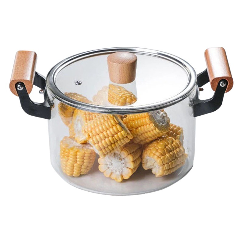 Alta borosilicato mango de madera olla de vidrio de doble oreja chino engrosada gran capacidad olla hogar olla de sopa transparente