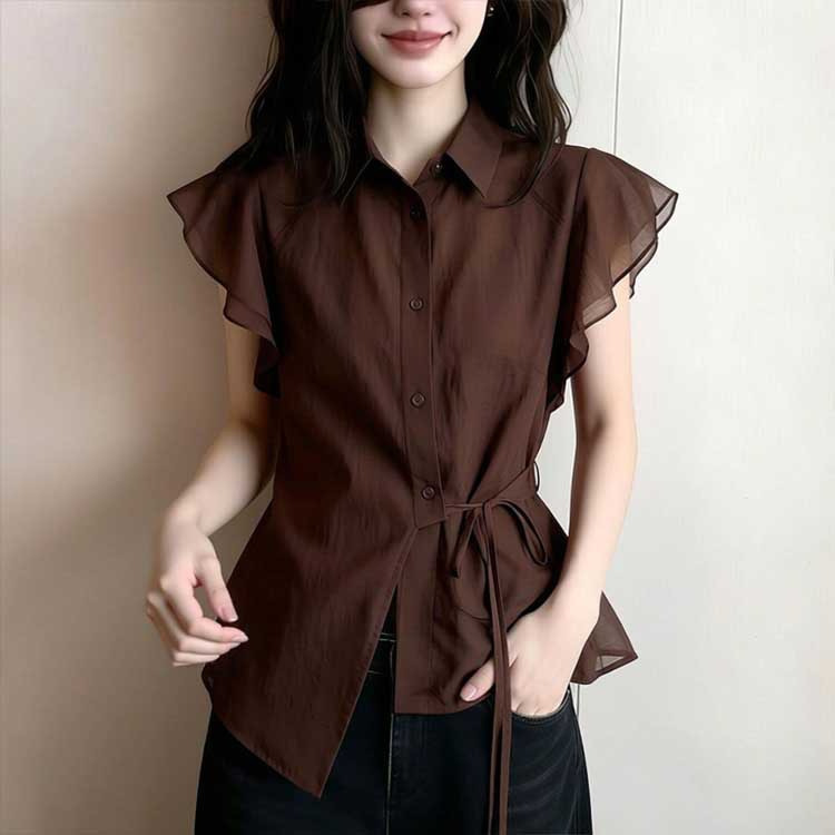 Stylish Coffee-Colored Short-Sleeve Shirt with Small Lapel for Women, 2026 Summer New Style, Waist-Cinching Tie, Ruffled Edge, Elegant Top