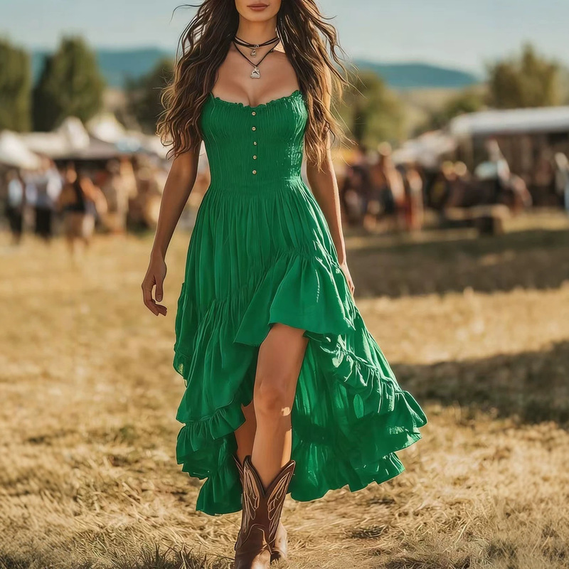 2026 Spring New European and American Style Bohemian Dress with Irregular Ruffles, Slim Fit, Slimming Vacation Long Dress 2026 Spring New European and American Style Bohemian Dress with Irregular Ruffles, Slim Fit, Slimming Vacation Long Dress