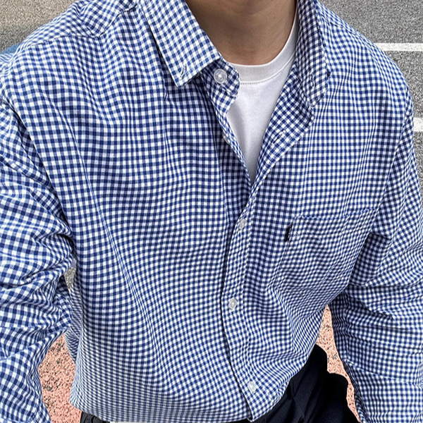 New Blue Plaid Shirt Men's American Retro Long-Sleeved Top High-End Trendy Brand Early Autumn Jacket New Blue Plaid Shirt Men's American Retro Long-Sleeved Top High-End Trendy Brand Early Autumn Jacket