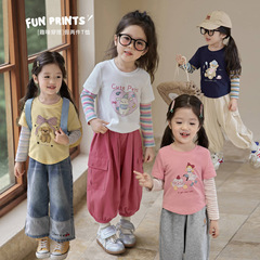女の子用Tシャツ 2025年春秋 韓国風 フェイクツーピース スウェットシャツ A級 子供用インナー 秋服 長袖トップス 子供服