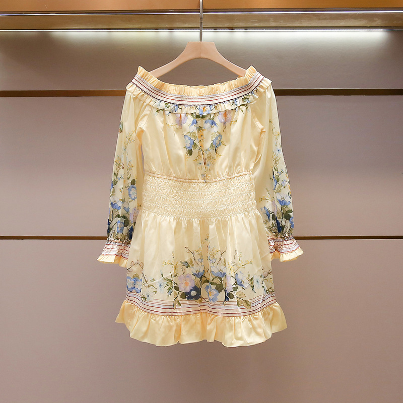 Shenzhen Nanyou High-End Women's Clothing Spring New French-Style Fashionable Waist-Cinching Slimming Printed Off-Shoulder Dress