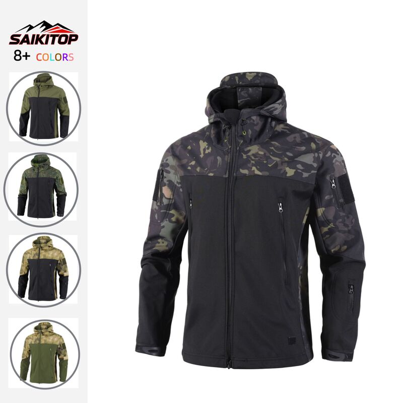 Cross-Border New Men's Camouflage Patchwork Tactical Jacket Sharkskin Windproof Waterproof Warm Outdoor Mountaineering Clothing