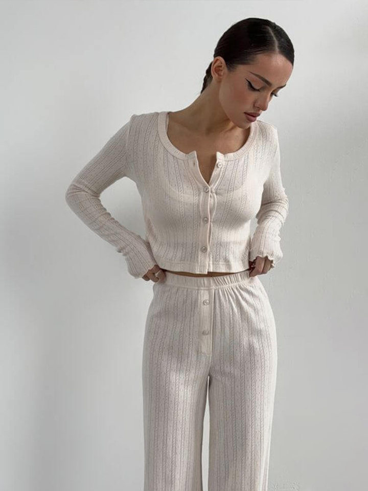 Bộ đồ ngủ nữ 3 món áo cardigan dài tay quần dài họa tiết jacquard — Màu be, Màu hồng chi tiết 87