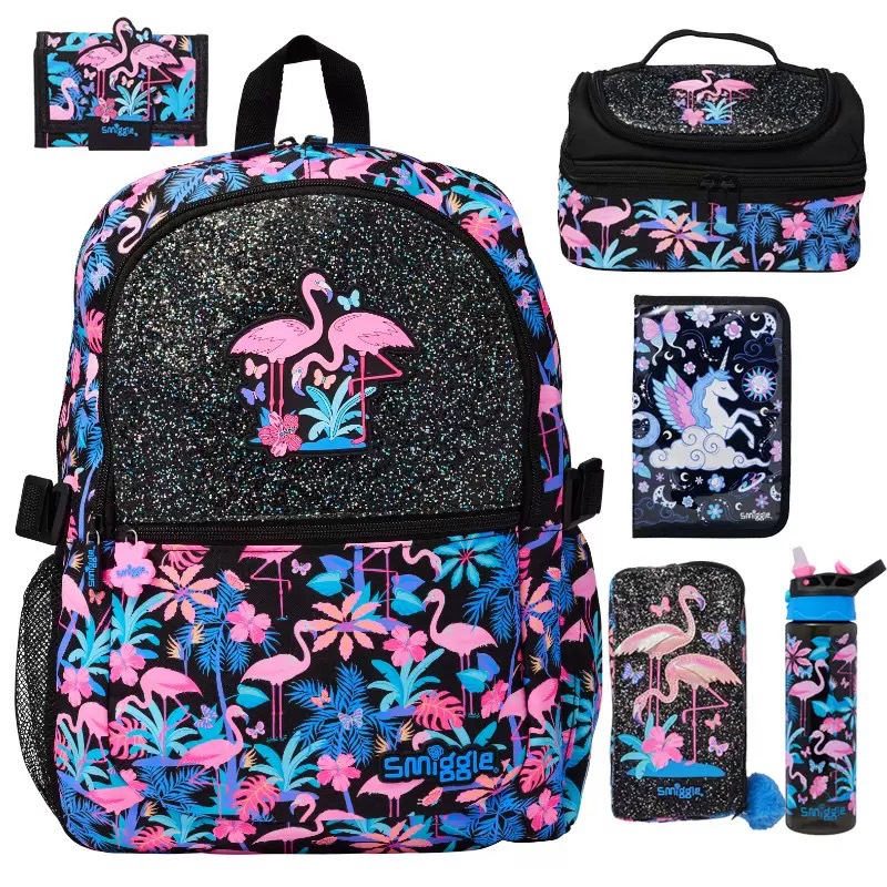 Australia smiggle mochila escolar mochila de gran capacidad mochila para estudiantes serie flamenco bolsa de comida caja de comida taza de agua bolígrafo