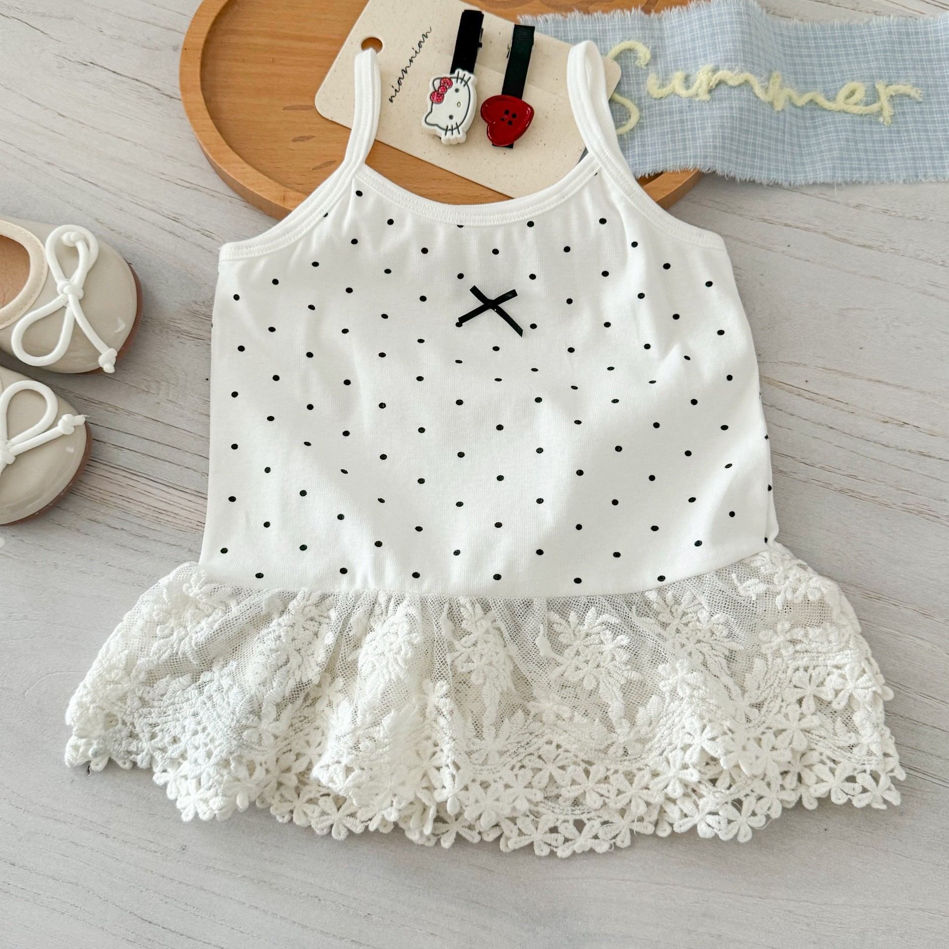 Limón salado siete verano cuello redondo mujer linda niña lunares estilo coreano tirantes vestido de niña chaleco de bebé todo fósforo