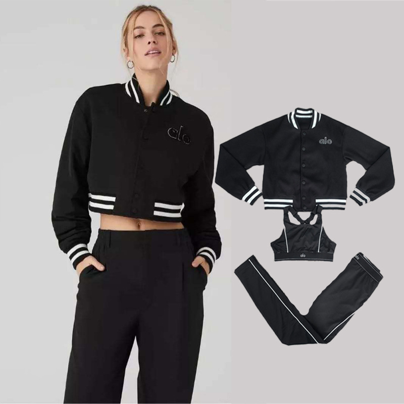 Alo Yoga Embroider Three-Piece Fashionable Casual Yoga Suit Elegant Dragon and Phoenix Embroider Large Outwear Sweatshirt Set