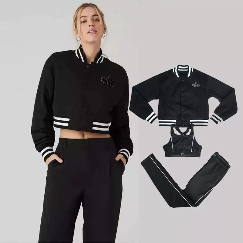 alo瑜伽刺绣 三件套时尚休闲瑜伽套装气质龙凤尼刺绣大外套卫衣套