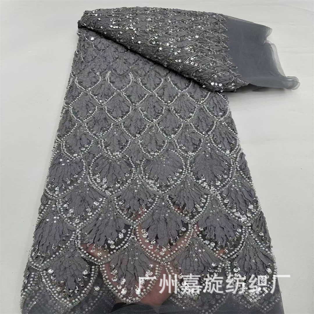 Pequeño estilo francés fragrante conchas tridimensionales con bordado clavos tela de encaje de perlas de rendimiento de alta definición ropa de moda tela de boda image 11