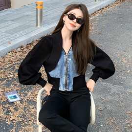 设计感小众黑色牛仔拼接长袖短款外套女装春秋辣妹假两件开衫上衣