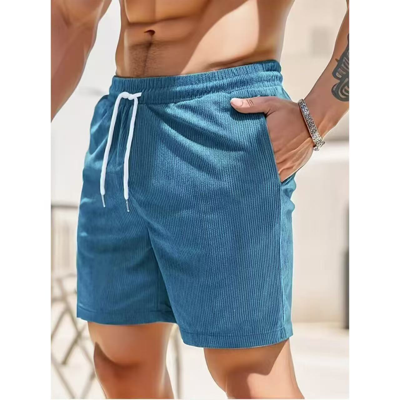 Cross-Border Men's New European and American Men's Summer Sports and Leisure Large Size Corduroy Beach Shorts Striped Shorts for Men