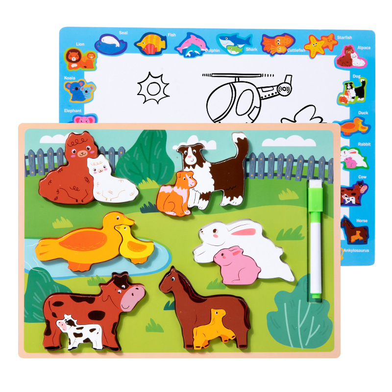 Madera infantil educación temprana 3D estereoscópica padres-hijos puzzle tablero de dibujo 2 en 1 cognición animal puzzle bloques de construcción juguetes de puzzle