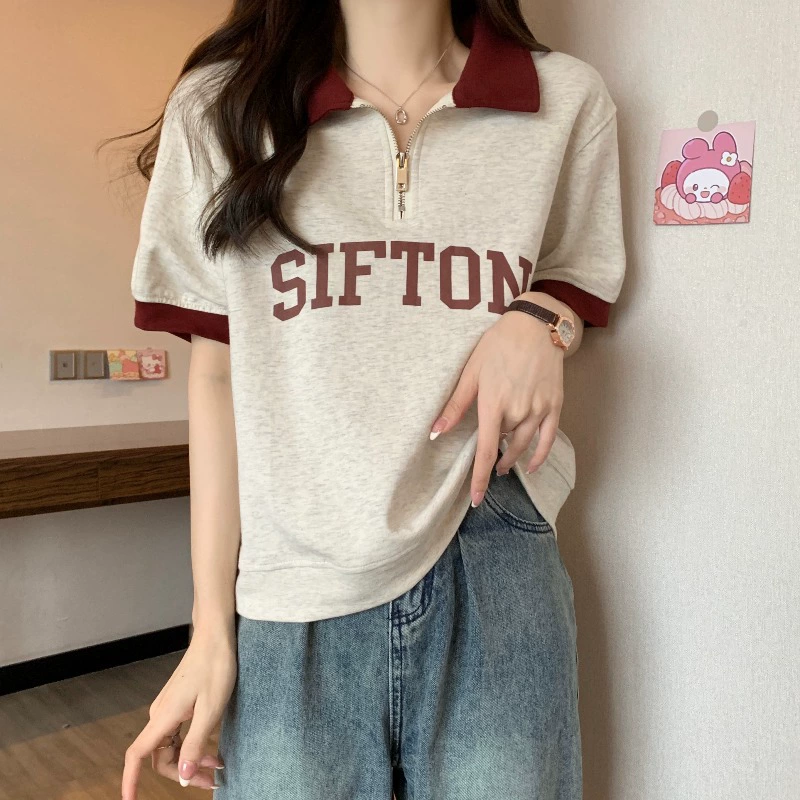 Женская футболка больших размеров в корейском стиле с воротником-поло и короткими рукавами, женская летняя футболка для полных девушек, нишевый повседневный свободный топ