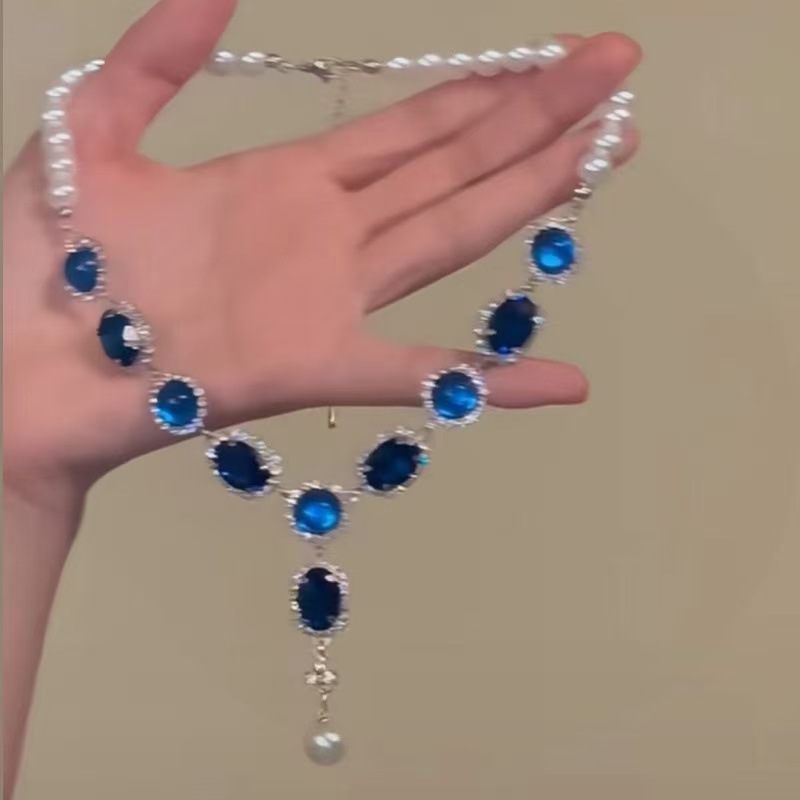 Blue tassel pearl necklace