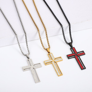 Europe and the United States cross-border stainless steel hollow point drill cross titanium steel vacuum plating pendant men's necklace mirror polished