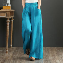 New Vintage Linen Elastic Waist Wide Leg Pants Women Long Tr