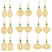 新中式s925如意宋锦耳环翠绿四瓣花耳钩底托哑金带盖掐丝贴布配饰