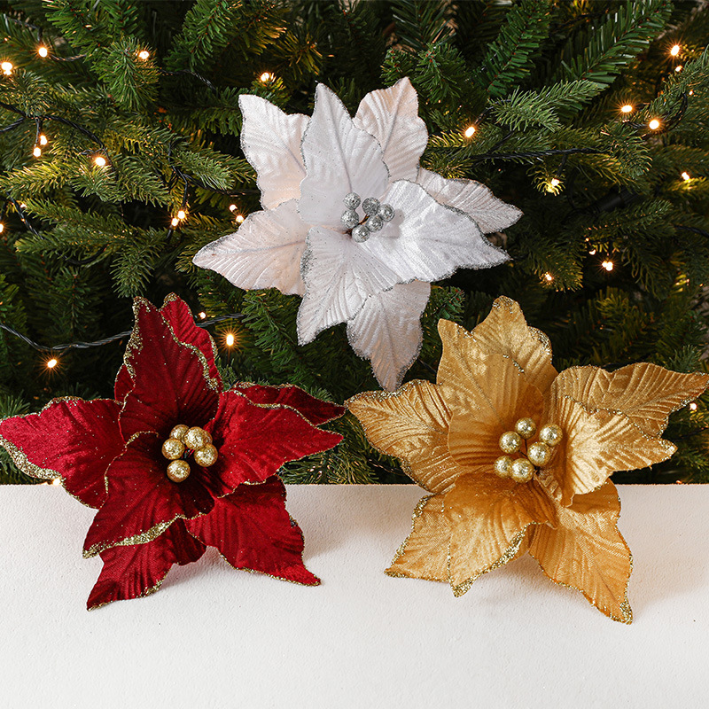 Transfronteriza nueva flor de Navidad 26cm vino rojo franela simulación Navidad flor hoja guirnalda DIY decoración colgante