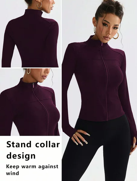 European and American Stand-Up Collar Sports Outwear Women's Tight Fitness Top Running Long-Sleeved Slim Short Zipper Yoga Wear Spring & Fall