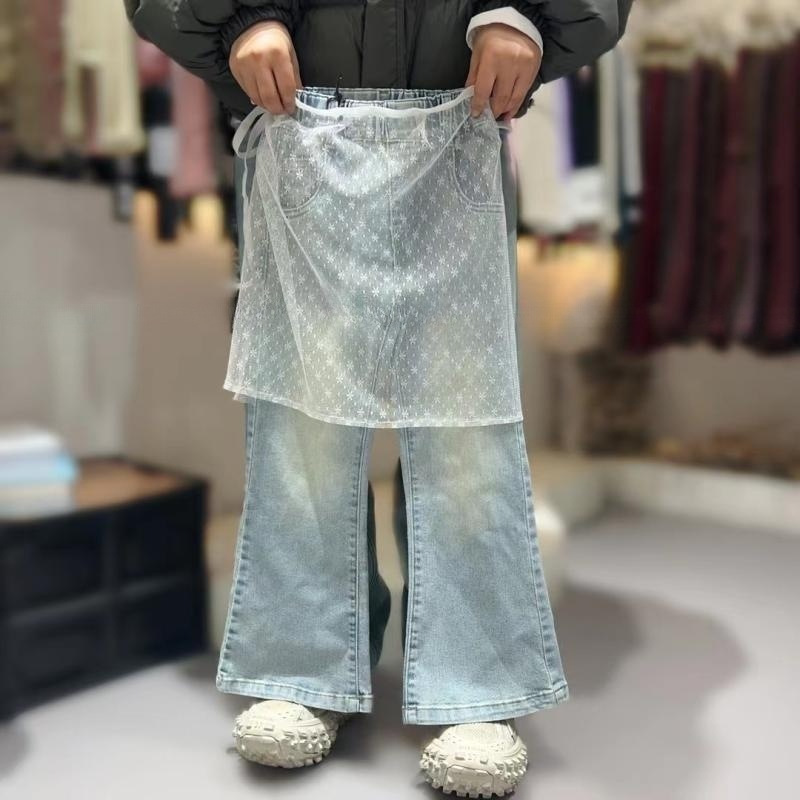 Spring and Summer New Products for Girls' Internet Famous Net Silk Fashionable Bell Bottom Pants Light Blue Jeans for Children 0080A004 