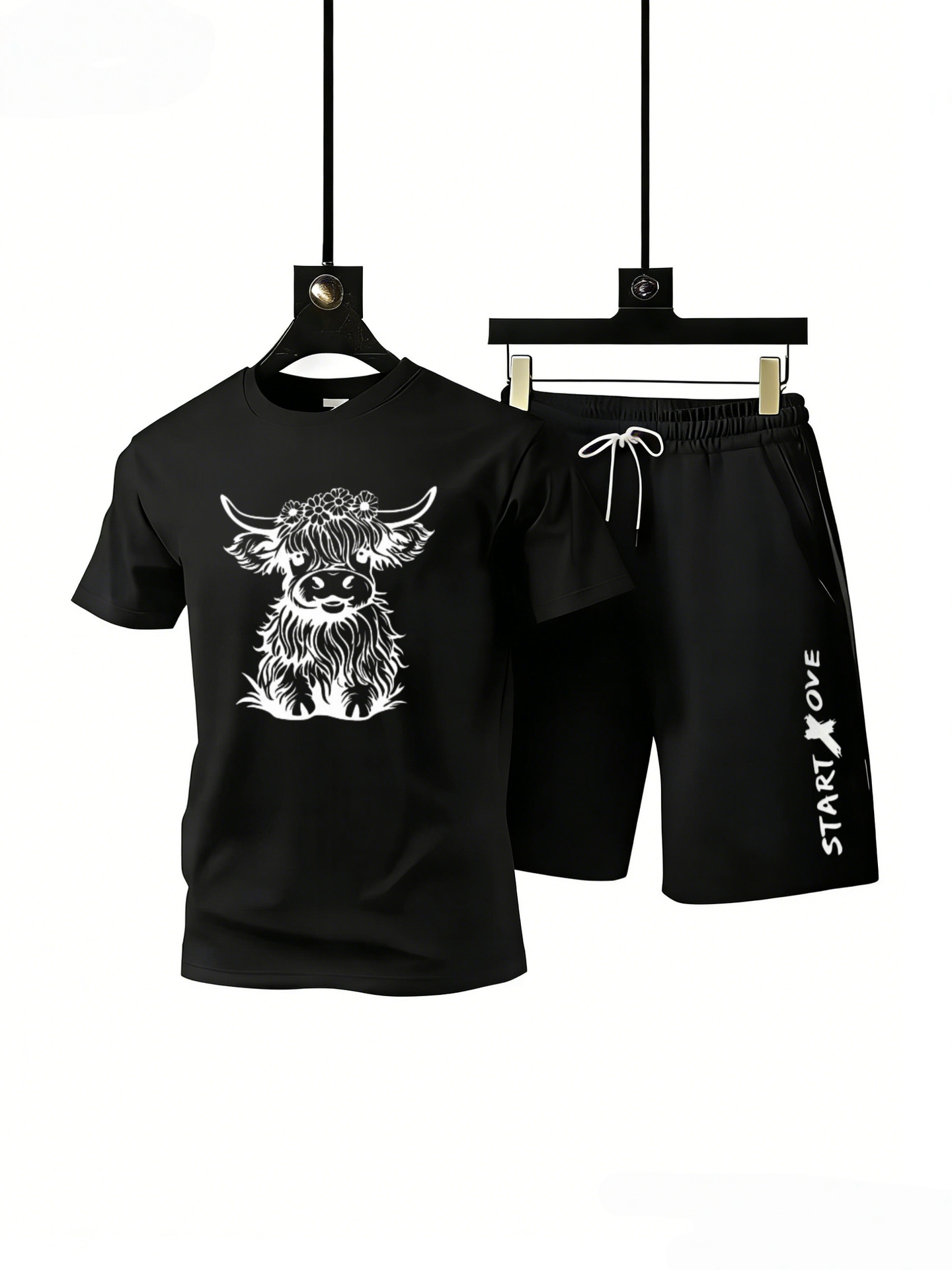 2026 Spring And Summer New Small Flower Highland Cow Print, Men's Outdoor Indoor Sports Suit, Short-sleeved Shorts Two-piece Set_viptrois.com