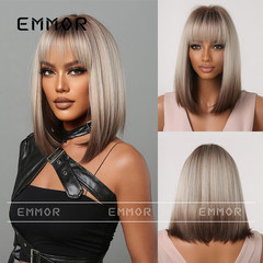 New Women's Wigs, Lock Bone Short Straight Hair, Gradient Golden, Realistic Scalp, Natural Medium Long Full Head Wig