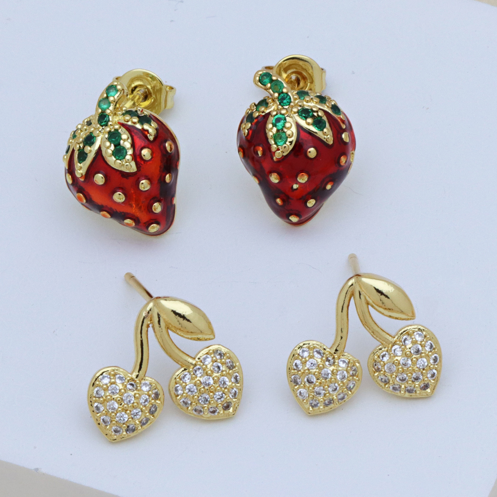 7g Weight Brass Ear Needle Material Zircon Inlay Material Ear Studs Classification 1 Pair Quantity Daily Occasion Copper Material Cherry, Strawberry Pattern Women's Gender Enamel, Inlay Design Simple Style Style 1 Pair Simple Style Cherry Strawberry Enamel Inlay Copper Zircon Ear Studs 2
