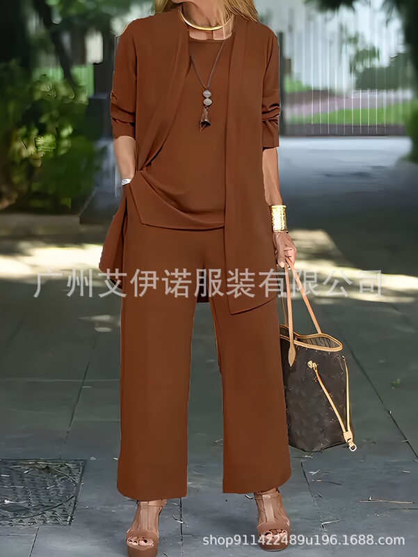 temu.卖现货纯色开叉圆领无袖背心上衣长袖开衫外套阔腿裤套装女|undefined