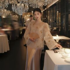 新中式国风秋季时尚轻奢重工珠绣外套纯色背心连衣裙套装女 N8067