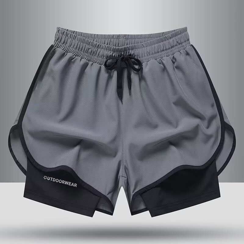 Men's Fake Two-Piece Shorts Sports Quick-Drying Breathable Anti-Glare Fitness Casual High-Elastic Double-Layer Running Three-Point Pants