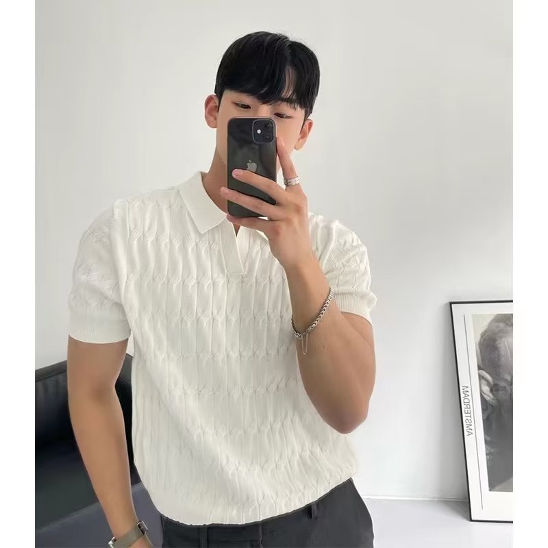 Summer Men's Knitted Short-Sleeved Polo Shirt Korean Style Slim Pure Color Ice Silk Casual Lapel Half-Sleeved T-Shirt Bottoming Shirt